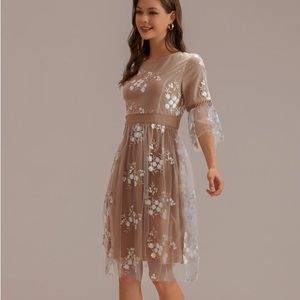 Short Ruffle Sleeve Round Neck Gathered Waist Midi Dress